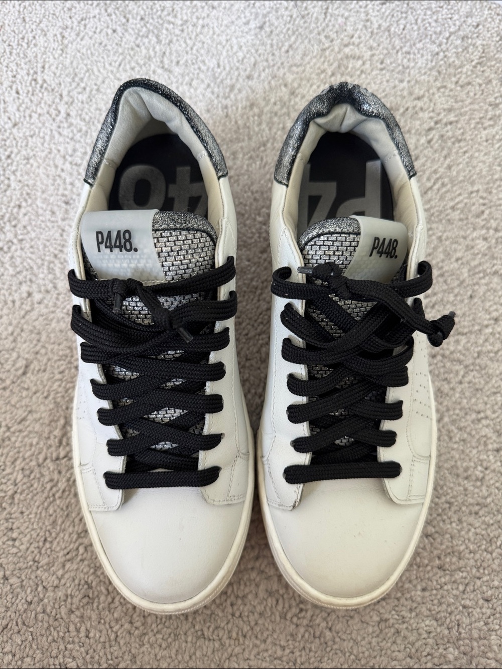P448 White Leather Sneakers with Black Laces and Snake-Print Heel - Size 39 - Picture 3 of 10